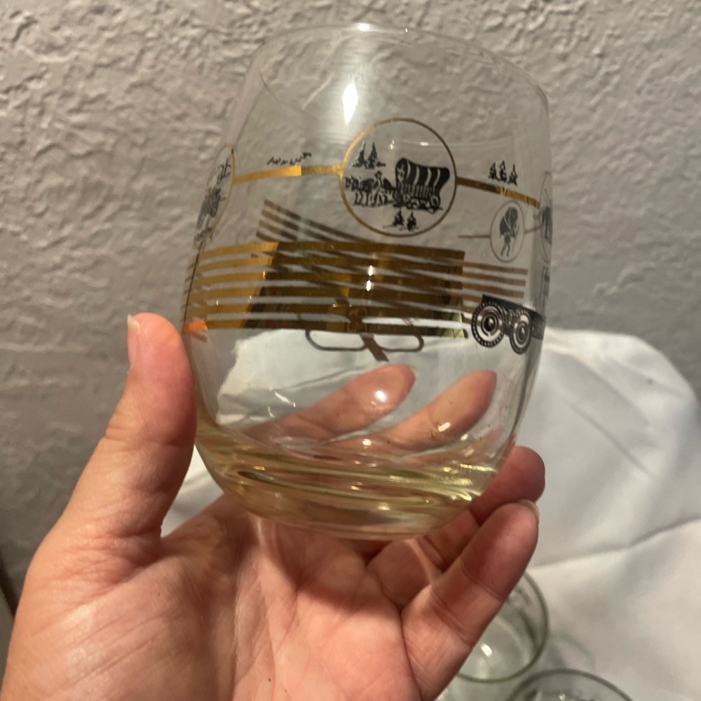 4 Vintage Gold Accent lowball round Glass - Wagon Design 4